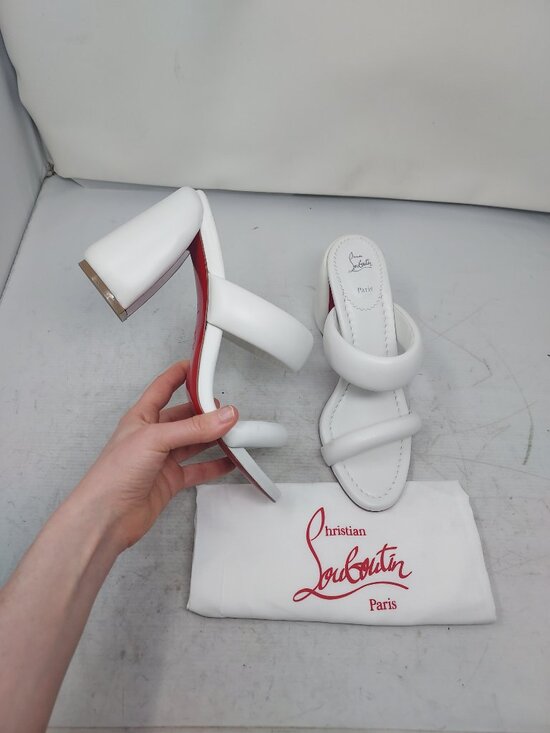Christian Louboutin Shoes - CHRISTIAN LOUBOUTIN White Inflama Sab Black Block Heel Sandal